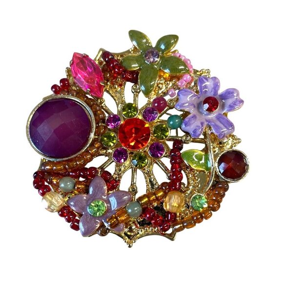 Colorful Floral-Inspired Gold-Tone Brooch Multicolored Gemstones Beads Crystals - Picture 1 of 4